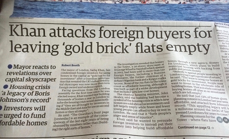 Guardian Artikel: Khan attacks foreign buyers for leaving 'gold bricks' flats empty